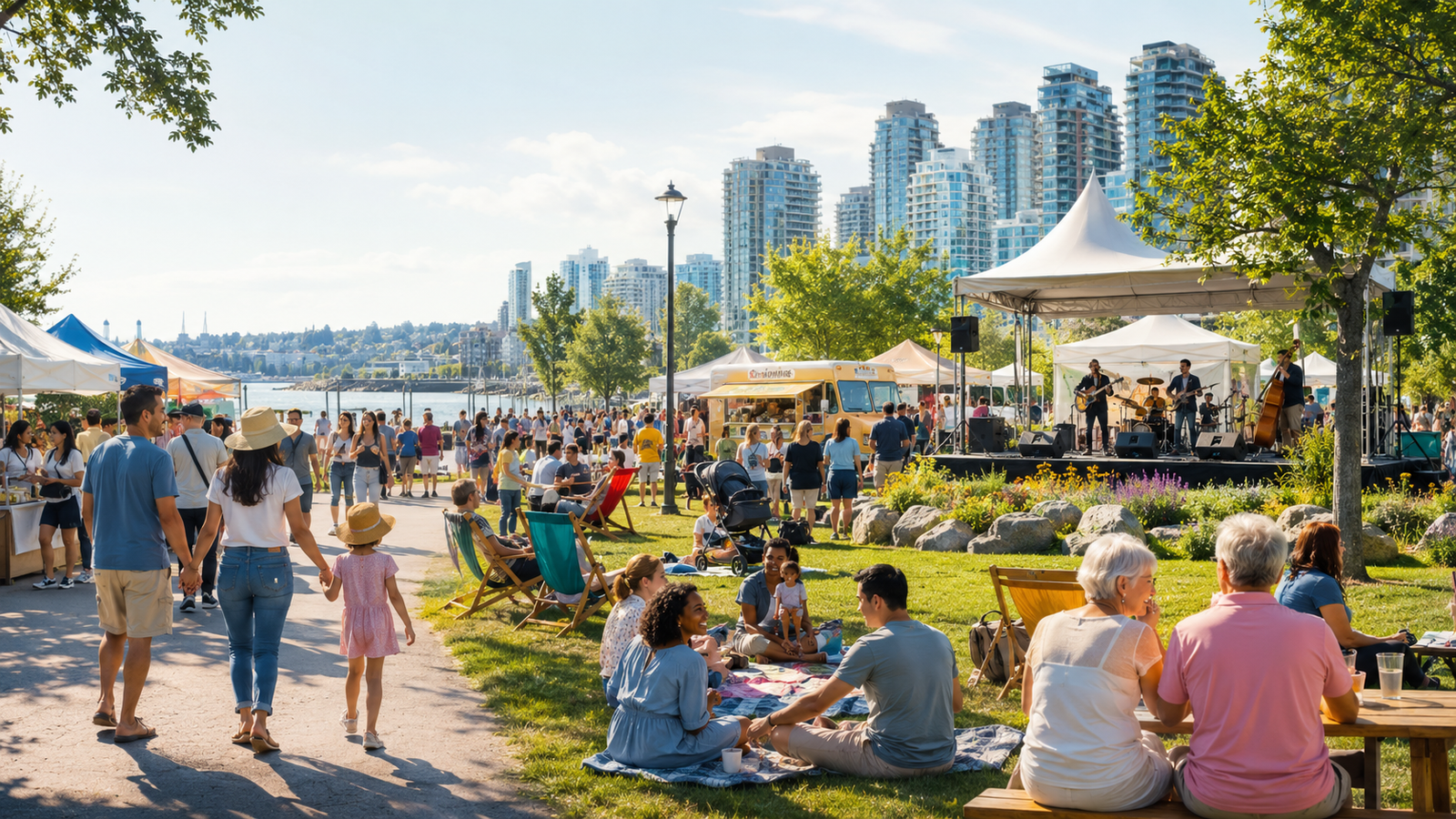 Community park festival with live music and families by the waterfront