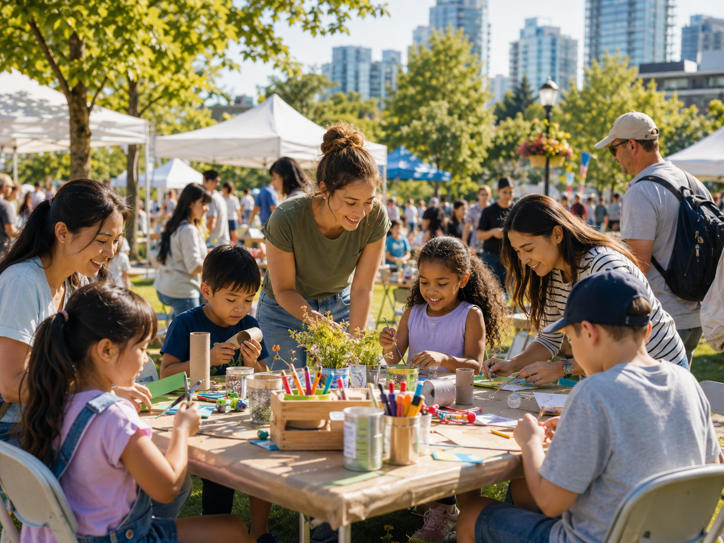 Children doing crafts at a community festival workshop table