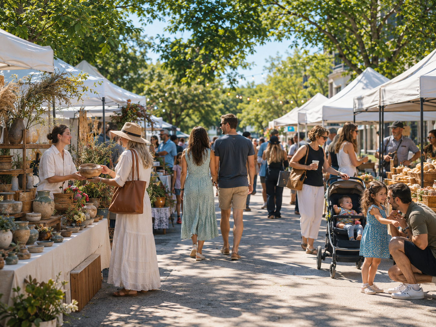 Lively community market fair with families and local vendors