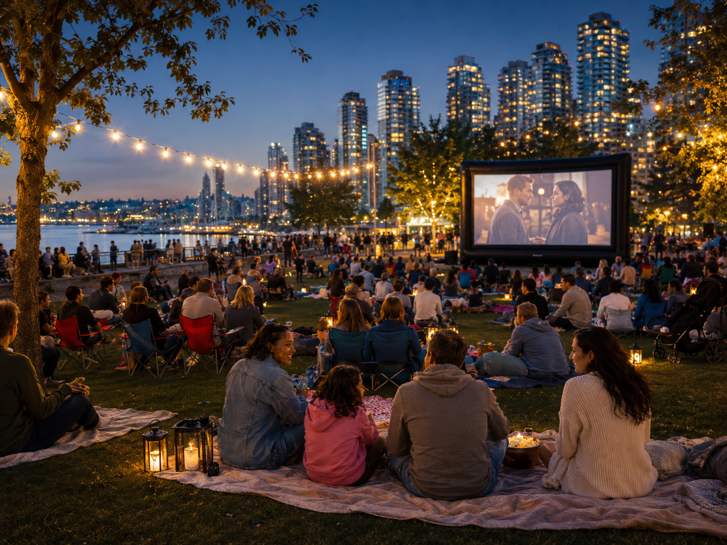 Outdoor community movie night by the waterfront with skyline lights